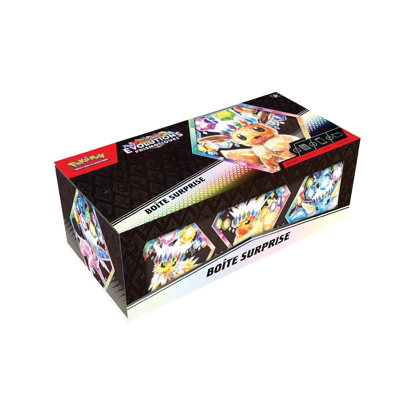 Boîte surprise Pokémon Édition Évolution Prismatique, contenant un assortiment exclusif de cartes, accessoires et objets de collection Pokémon, idéale pour les fans et collectionneurs en quête de raretés.
