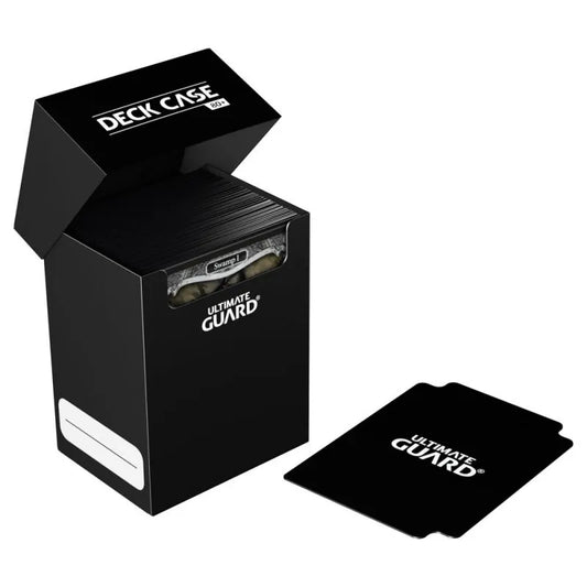Boîte de rangement Ultimate Guard noire pour 80 cartes Pokémon et Magic, avec intercalaire, bande inscriptible, et couvercle autobloquant