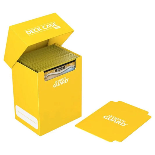 Boîte de rangement Ultimate Guard jaune pour 80 cartes Pokémon et Magic, avec intercalaire, bande inscriptible, et couvercle autobloquant