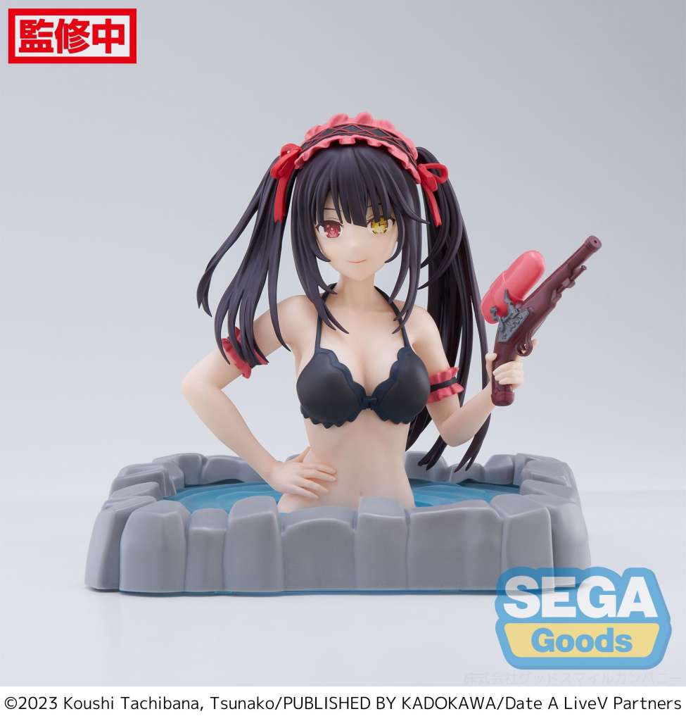 Figurine de Kurumi Tokisaki (Date A Live) de SEGA, 13 cm. Kurumi dans un bain thermal, portant un maillot de bain noir, tenant un pistolet.