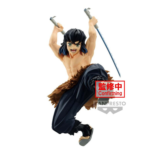 Figurine d'Inosuke Hashibira, 13 cm, issue de la gamme Vibration Stars de Demon Slayer: Kimetsu no Yaiba, capturant l'énergie sauvage et le style de combat du personnage.