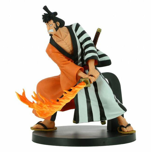 Figurine de 16 cm de Kin'emon de One Piece, capturant le samouraï en pleine action, de la collection Battle Record de Banpresto. Un modèle détaillé qui illustre parfaitement la bravoure et le style de combat du fidèle serviteur d'Oden.