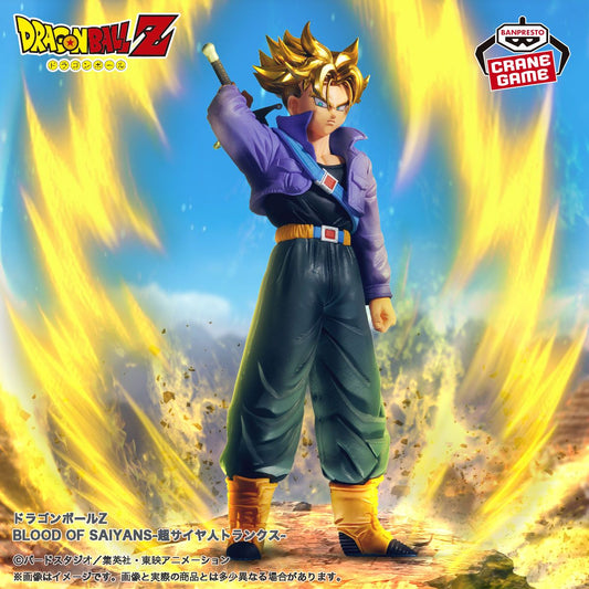 Figurine de Trunks de Dragon Ball Z, gamme Blood of Saiyans de Banpresto, 17 cm. Cheveux dorés en Super Saiyan, posture dynamique et finitions détaillées.