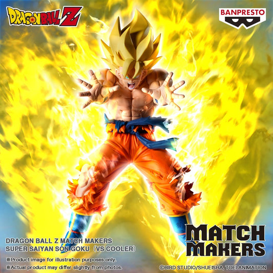 Figurine de 14 cm de Son Goku, inspirée de son combat contre Cooler, issue de la gamme Match Makers de Banpresto. Pose dynamique capturant l'énergie et la détermination de Goku en pleine bataille.