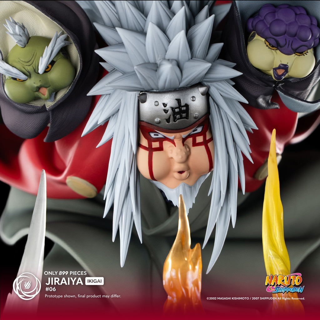 Statue en résine Jiraiya Ikigai 1/6 de Tsume, représentant le légendaire ninja de Naruto Shippuden en plein combat contre Pain, accompagné de Fukusaku et Shima dans une scène d’attaque spectaculaire avec des détails incroyablement réalistes.