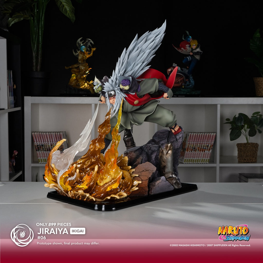 Vue détaillée de la statue Jiraiya Ikigai 1/6 par Tsume, illustrant le héros de Naruto Shippuden crachant de l'huile en synchronisation avec ses alliés crapauds, dans une pose dynamique et pleine d’intensité.