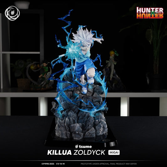 Vue complète de la figurine Killua Zoldyck Ikigai 1/6 – Tsume, une statue dynamique de 34 cm avec effets électriques en édition limitée.
