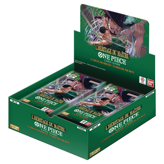 Display One Piece Card Game OP-12 L’Héritage du Maître comprenant 24 boosters de 12 cartes, centrée sur la transmission entre maîtres et disciples.