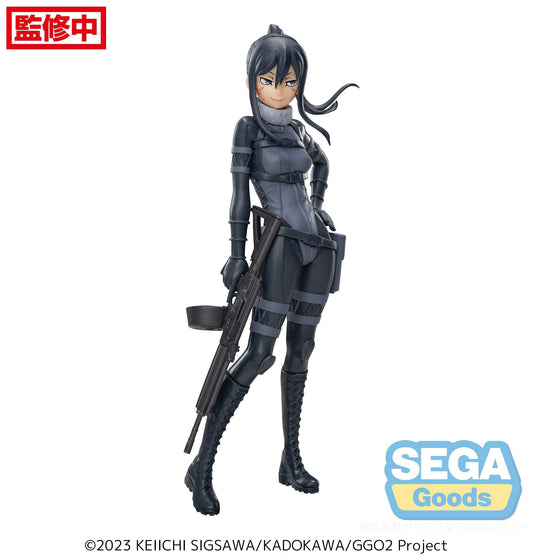 Figurine Pitohui Luminasta de 21 cm tirée de Sword Art Online Alternative: Gun Gale Online, posée avec son arme dans une tenue noire