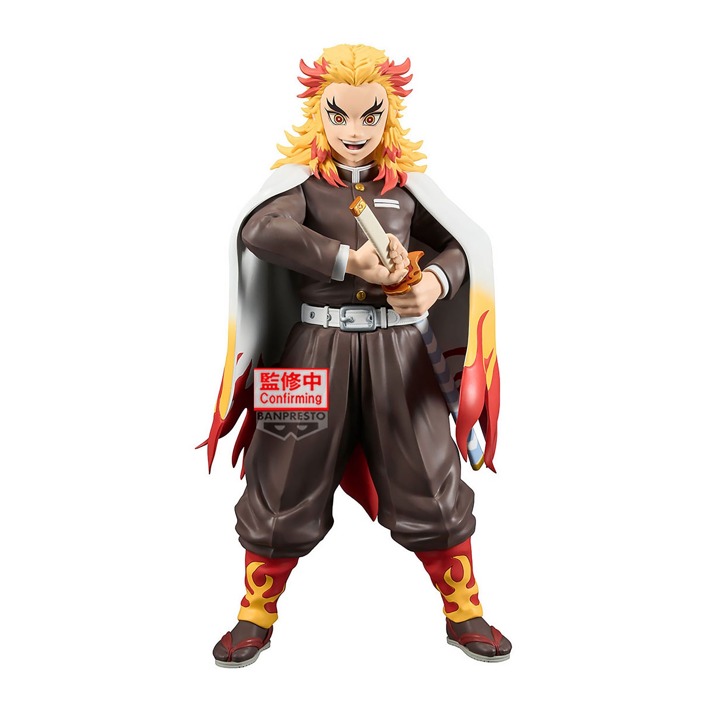 Figurine Grandista de Rengoku Kyojuro 24 cm – Demon Slayer, Pilier de la Flamme en pose héroïque avec sa cape flamboyante.