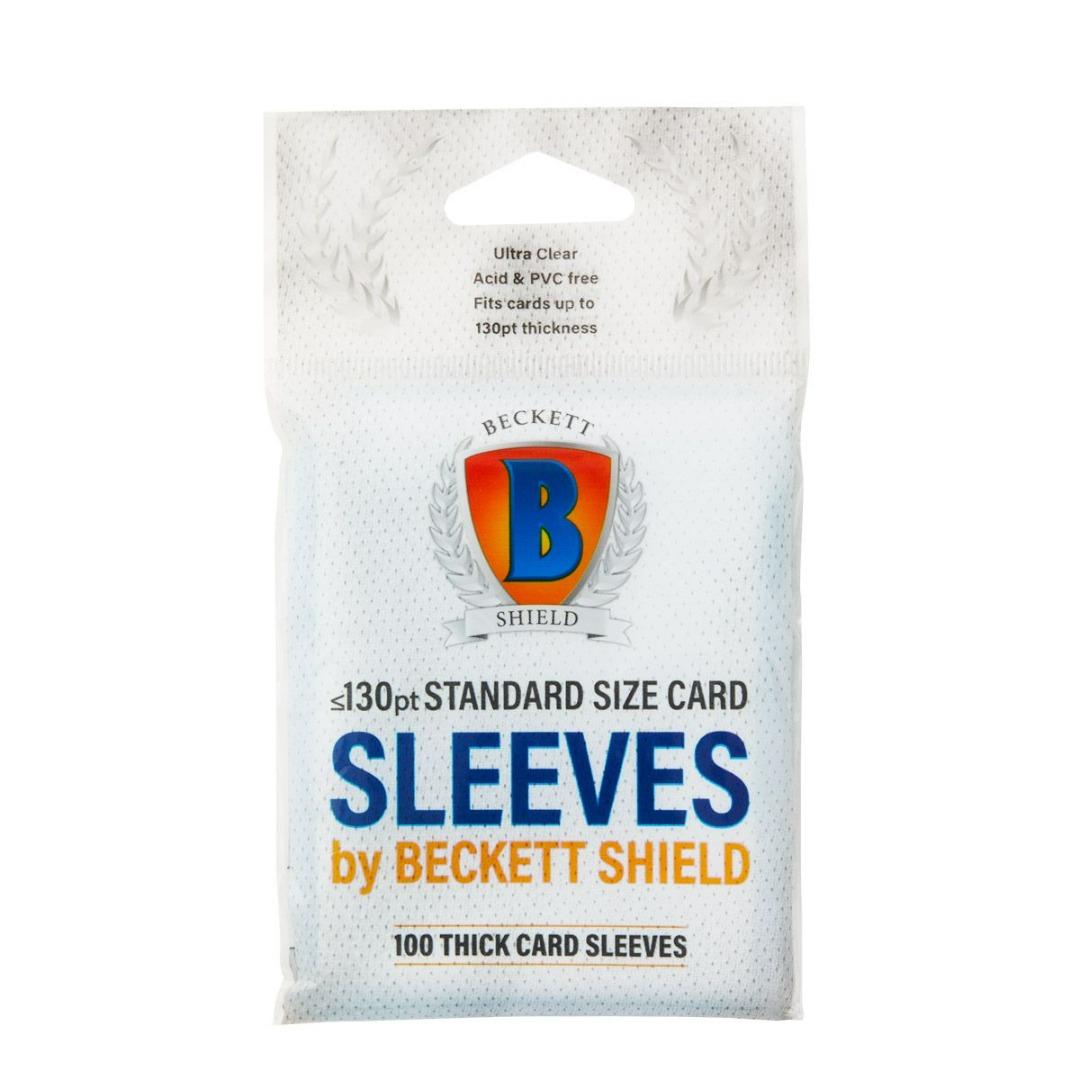 Pack de 100 protège-cartes Beckett Shield Thick Cards, conçu pour protéger les cartes épaisses jusqu'à 130pt contre l'usure, les rayures et les pliures