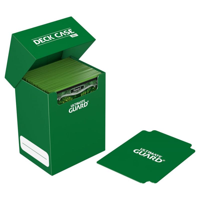 Boîte de rangement Ultimate Guard verte pour 80 cartes Pokémon et Magic, avec intercalaire, bande inscriptible, et couvercle autobloquant