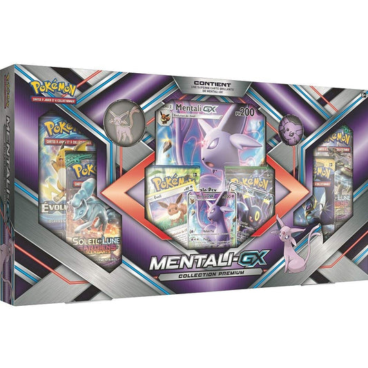 Photo du coffret Pokémon Mentali GX Premium contenant cartes promo, boosters, pin’s, jeton et carte géante