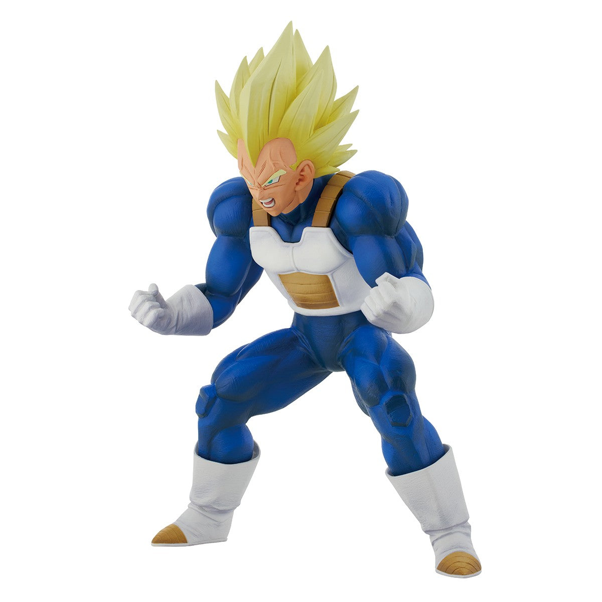 Voici la figurine de Vegeta Super Saiyan, mesurant 22 cm, de la gamme iCHIBANSHO par Bandai. Vegeta est représenté avec ses cheveux jaunes éclatants et ses muscles imposants, prêt à affronter ses ennemis avec toute la fierté du prince des Saiyans.