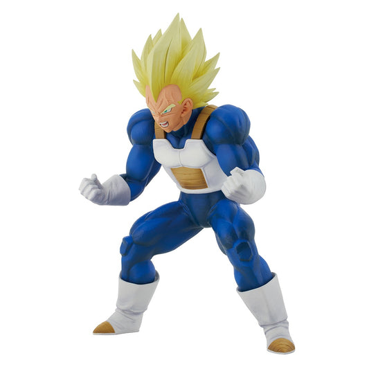 Voici la figurine de Vegeta Super Saiyan, mesurant 22 cm, de la gamme iCHIBANSHO par Bandai. Vegeta est représenté avec ses cheveux jaunes éclatants et ses muscles imposants, prêt à affronter ses ennemis avec toute la fierté du prince des Saiyans.