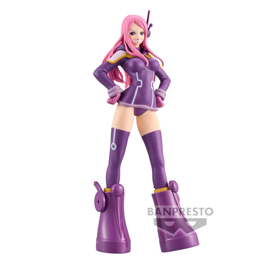 Figurine de Jewelry Bonney de One Piece, version Egghead, réalisée par Banpresto. Mesurant 17 cm, la figurine capture la personnalité audacieuse et l’énergie de Bonney avec des détails soignés et une pose dynamique.