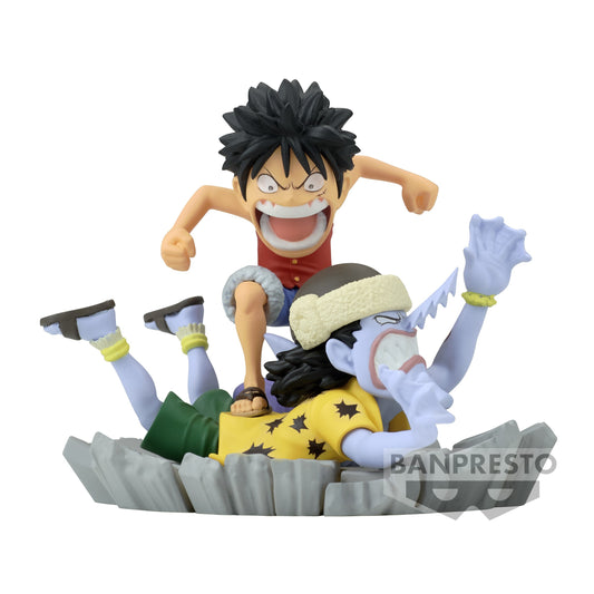 Admirez ce diorama captivant de Monkey D. Luffy et Arlong, recréant leur combat mémorable dans One Piece, issu de la gamme Log Stories de Banpresto. Mesurant 12 cm, cette scène mythique capture Luffy, prêt à délivrer le coup décisif à Arlong, dans une posture pleine de tension et d'action.