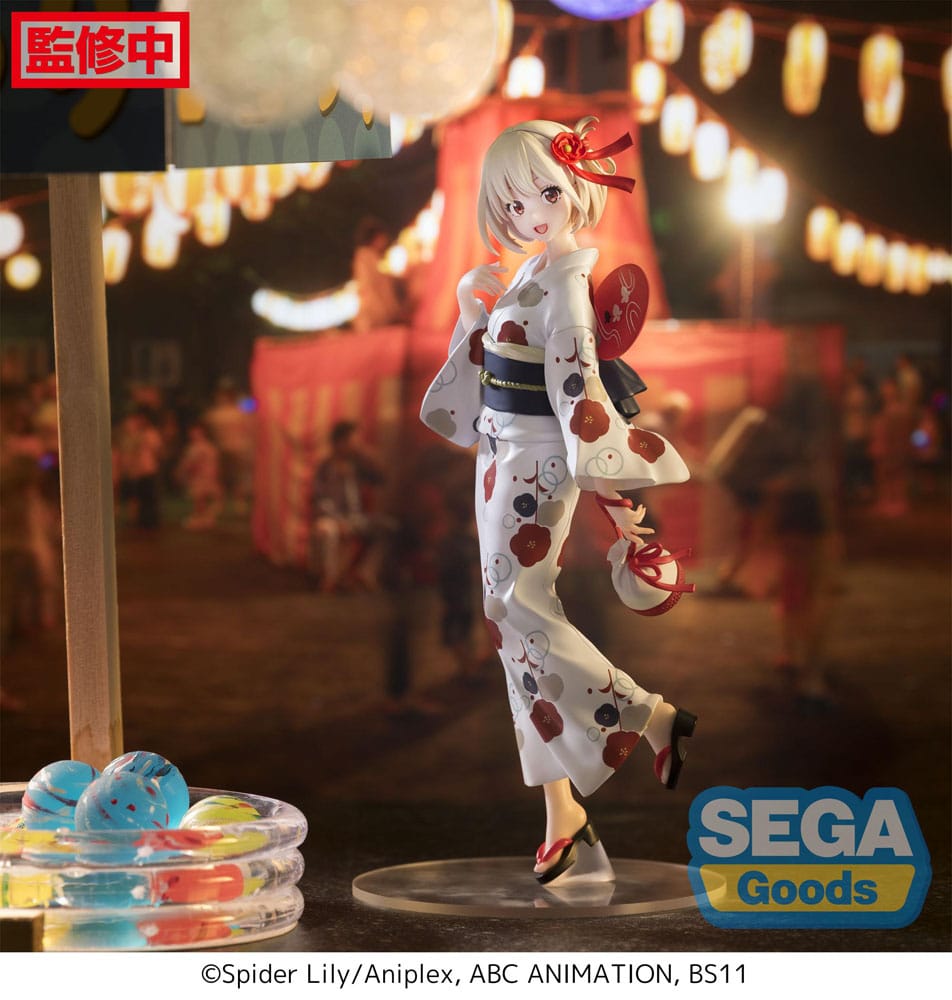 Figurine Chisato Nishikigi de 19 cm, version yukata, issue de Lycoris Recoil, gamme Luminasta par Sega. Une représentation élégante et fidèle du personnage.
