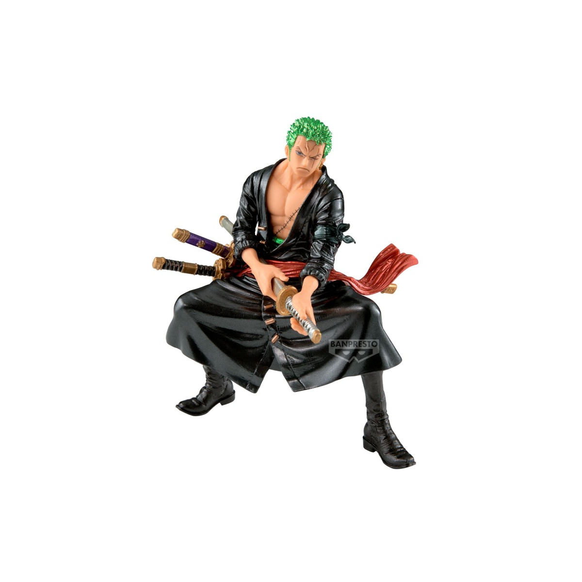 Figurine de Roronoa Zoro en tenue de combat, collection King of Artist par Banpresto, issue de l’anime One Piece.
