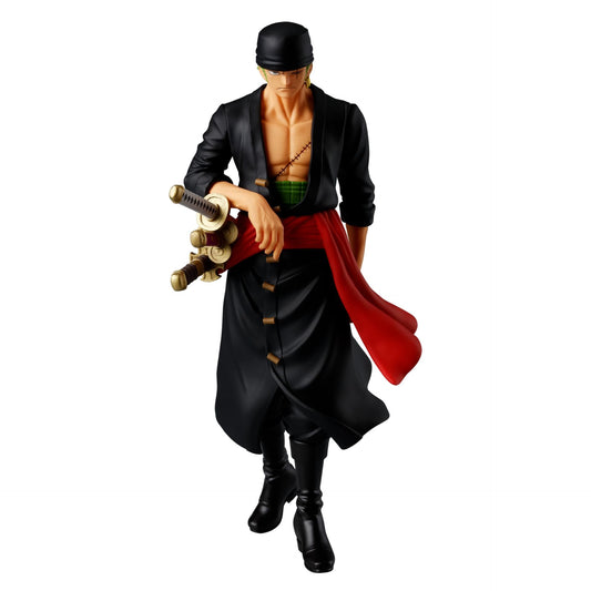 Figurine de Roronoa Zoro de One Piece, gamme The Shukko de Banpresto, mesurant 16 cm. Zoro est capturé dans une pose impressionnante avec ses trois épées, représentant sa puissance et son incroyable maîtrise du Santoryu.