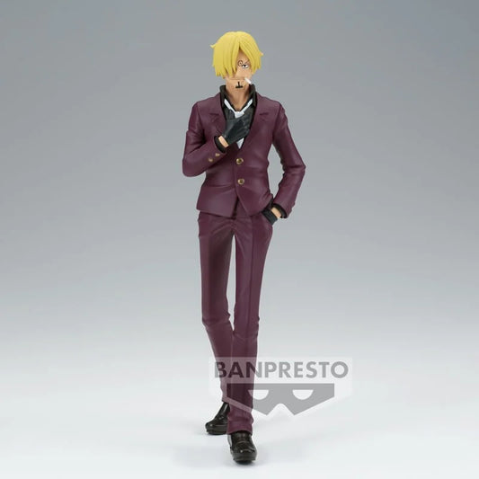 Figurine de Sanji de One Piece, gamme The Shukko de Banpresto, mesurant 16 cm. Sanji est représenté dans une pose dynamique, mettant en valeur son art du combat au Black Leg et son charisme inégalé.