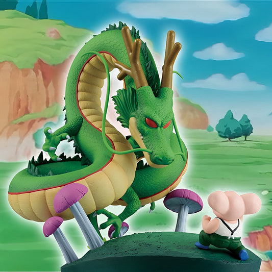 Figurine Oolong et Shenron Ichibansho 14 cm Dragon History II représentant le dragon légendaire derrière Oolong en tenue classique.