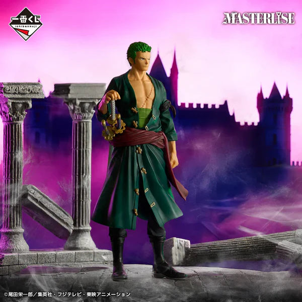 Figurine Roronoa Zoro Ichibansho 25 cm de Bandai, inspirée de One Piece, avec pose puissante et détails précis de ses sabres et de son style Santoryu.