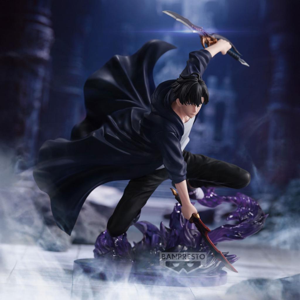 Figurine Sung Jin-Woo Espresto Banpresto 21 cm de Solo Leveling, statuette PVC détaillée représentant le Monarque des Ombres.