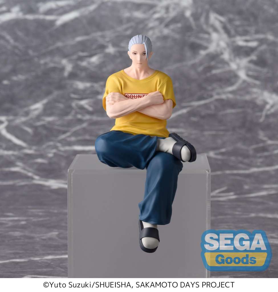 Figurine Taro Sakamoto Serious PM Perching de Sakamoto Days, statuette PVC assise de 14 cm.