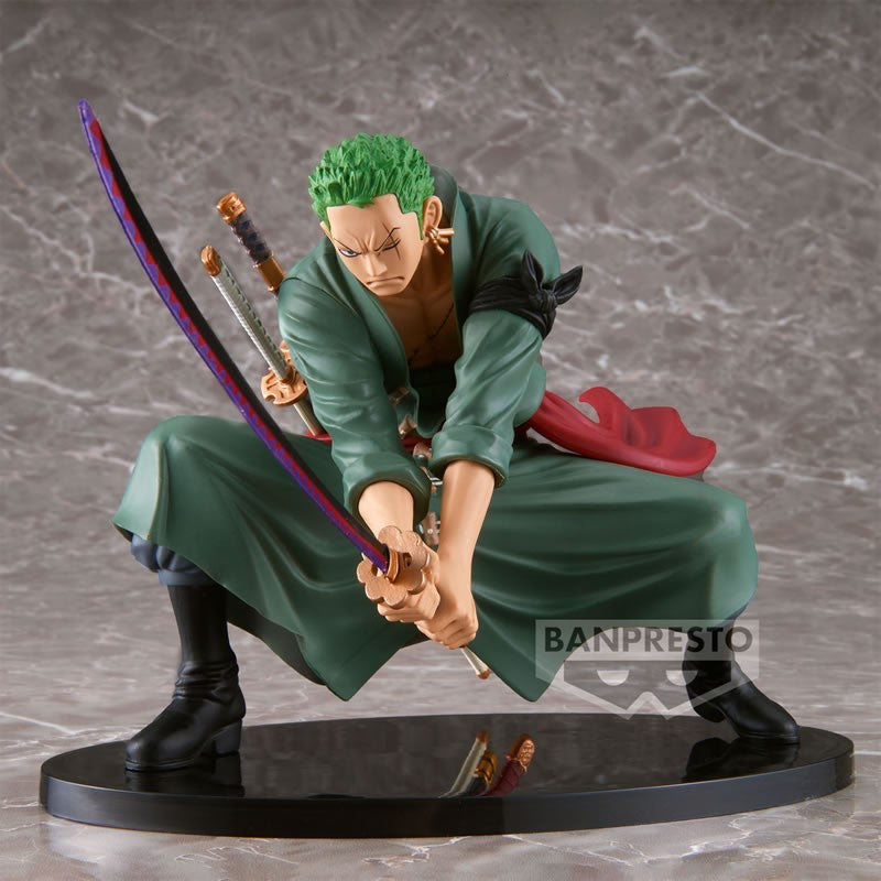 Figurine Roronoa Zoro – SCultures BIG – One Piece, sabreur des Chapeaux de Paille en pleine action avec ses trois sabres.